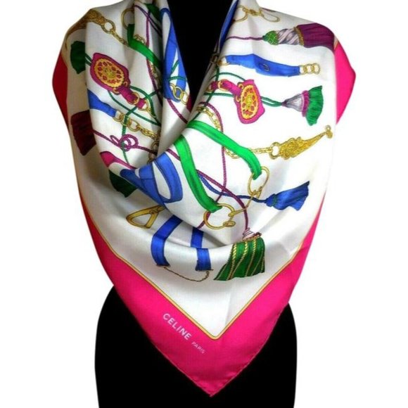 Celine Blue Pink Green Silk Equestrian Print Scarf - Picture 1 of 6